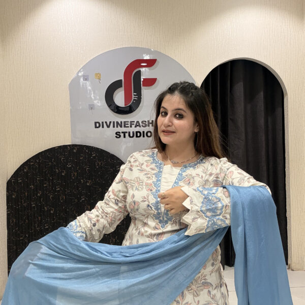 Graceful cotton Pakistani suit featuring delicate floral embroidery and a soothing blue dupatta