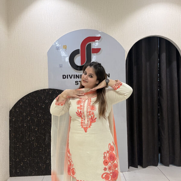 Elegant cream Farsi salwar suit featuring coral embroidery and a matching ombré dupatta