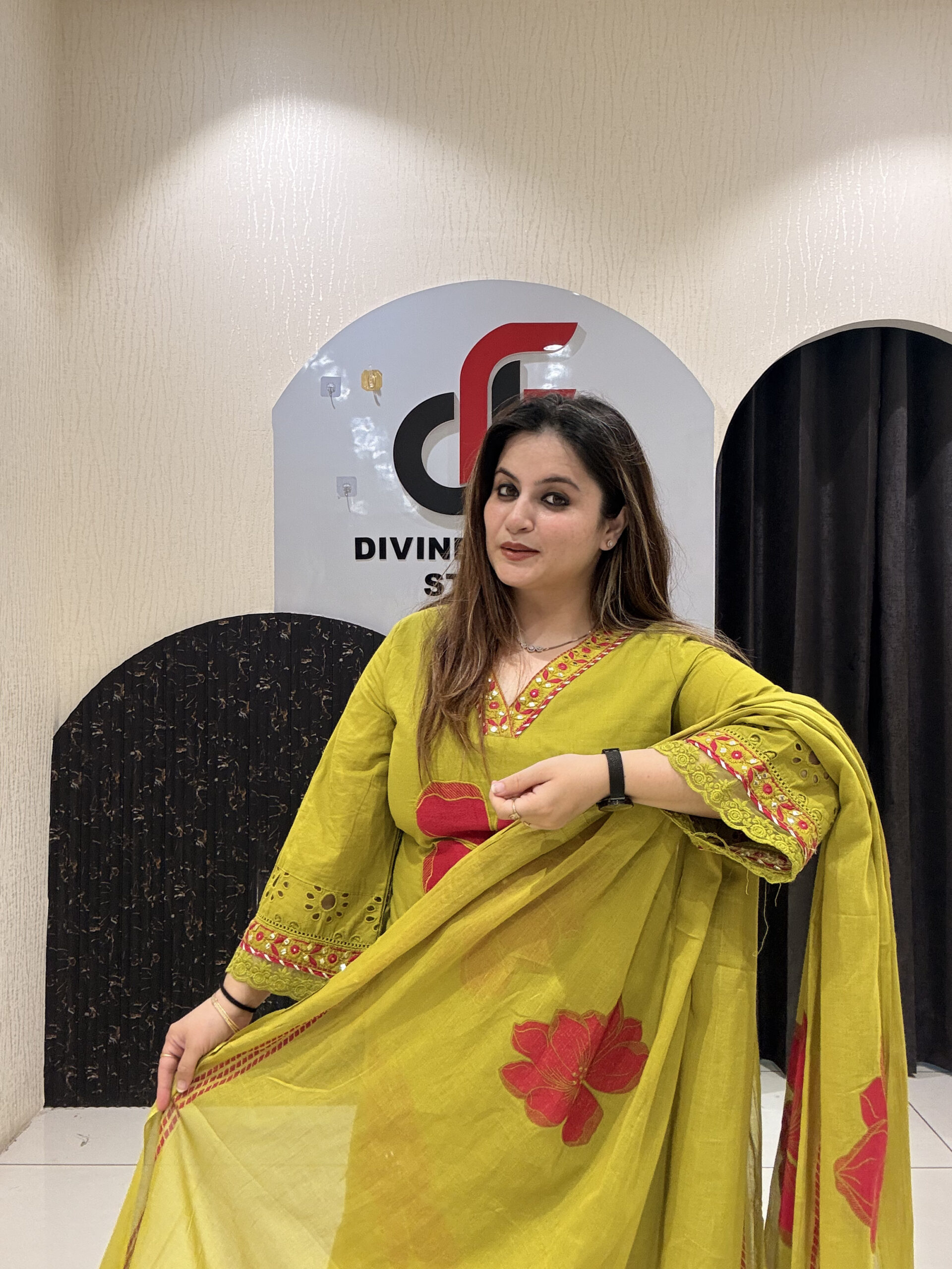 Bright and beautiful pure mul cotton suit featuring bold thread embroidery and a matching dupatta.