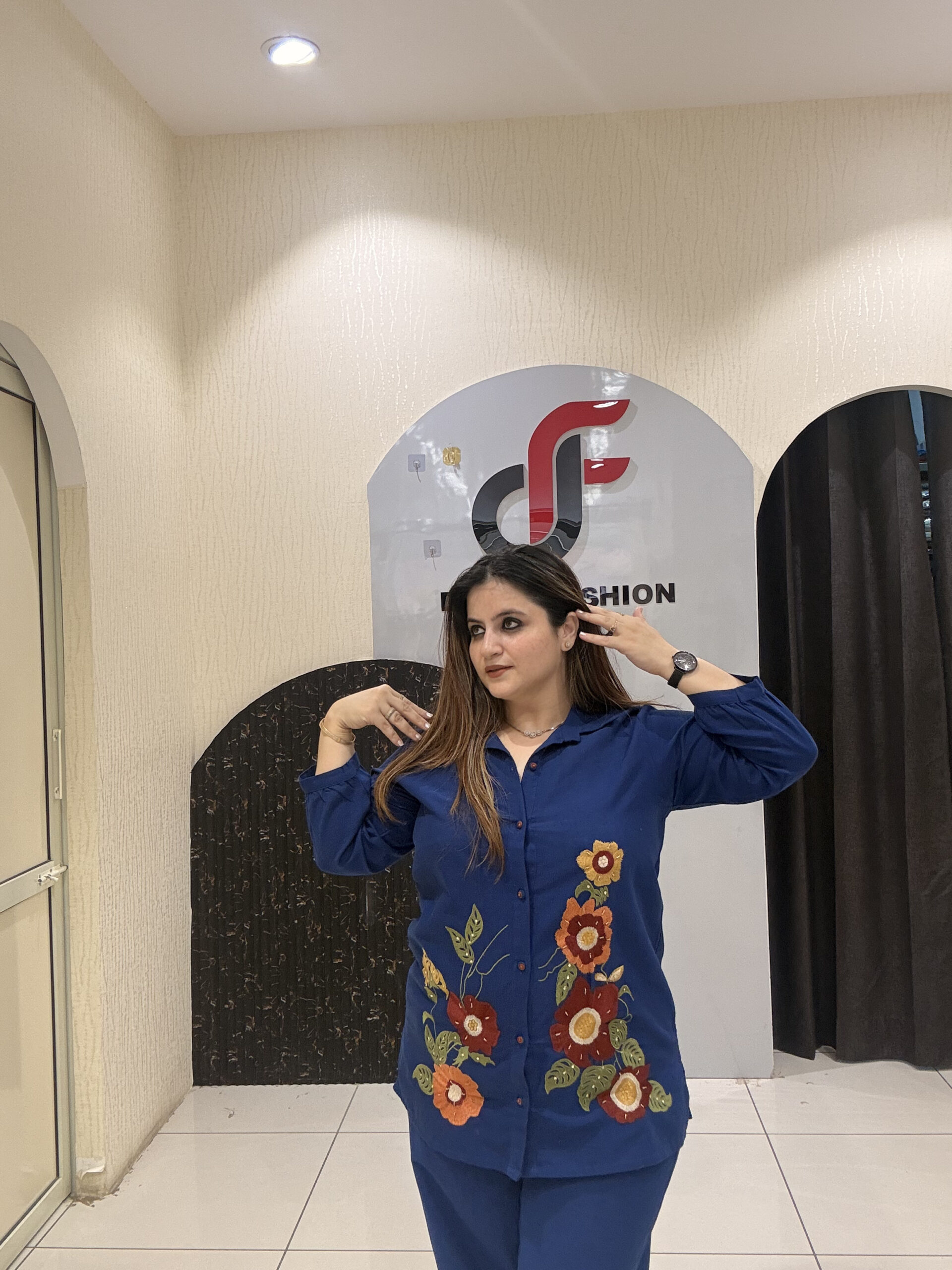Cotton Floral Embroidered Co-ord Set – Royal Blue - Image 3