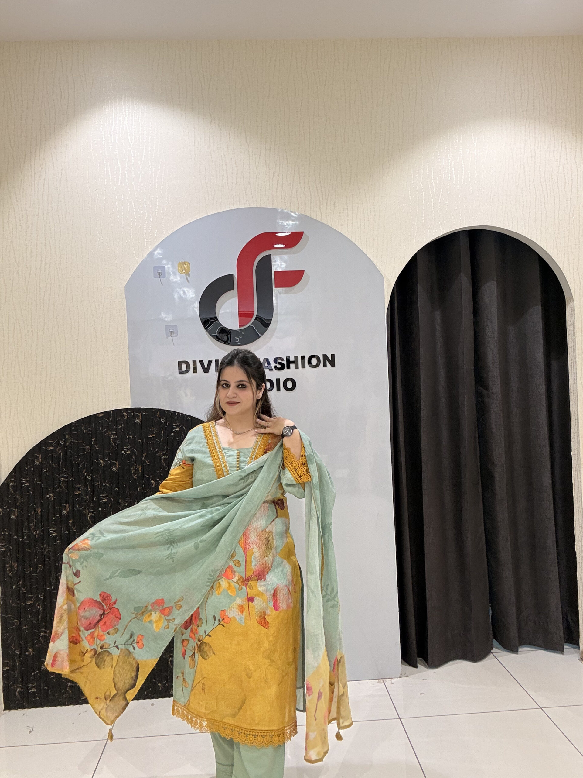 Cotton Floral Printed Suit Set with Lining – Mint Green & Mustard - Image 3