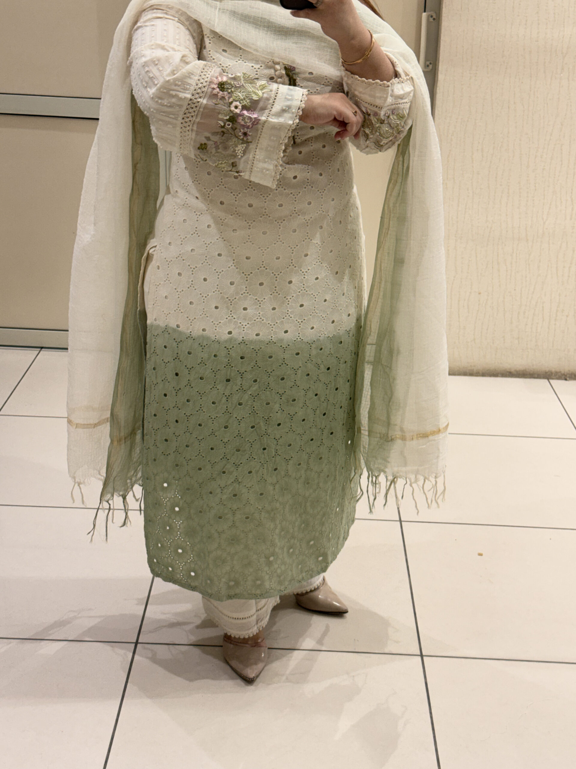 Cotton Embroidered Suit Set – Ivory & Sage Green - Image 3