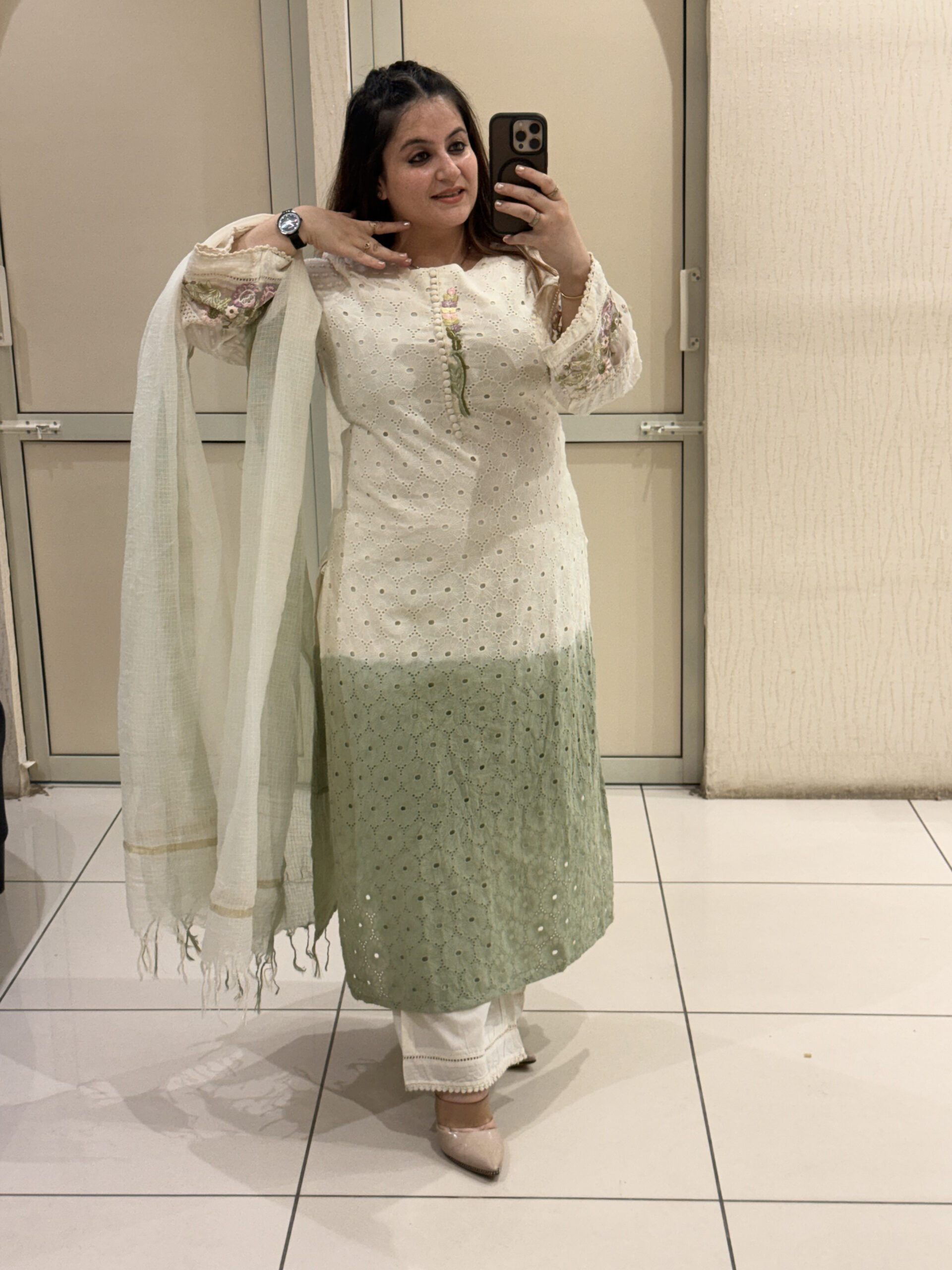 Cotton Embroidered Suit Set – Ivory & Sage Green