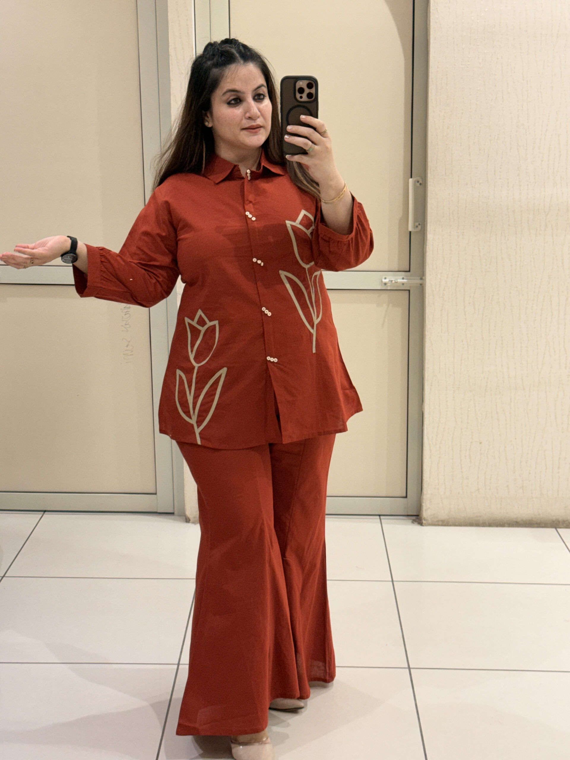 Rust Red Cotton Co-Ord Set – Tulip Print - Image 3