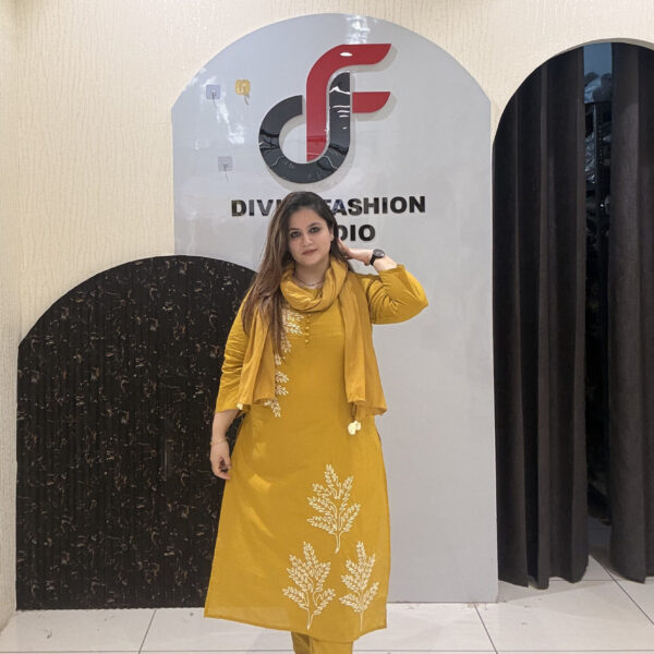 Mustard Cotton Embroidered Suit Set