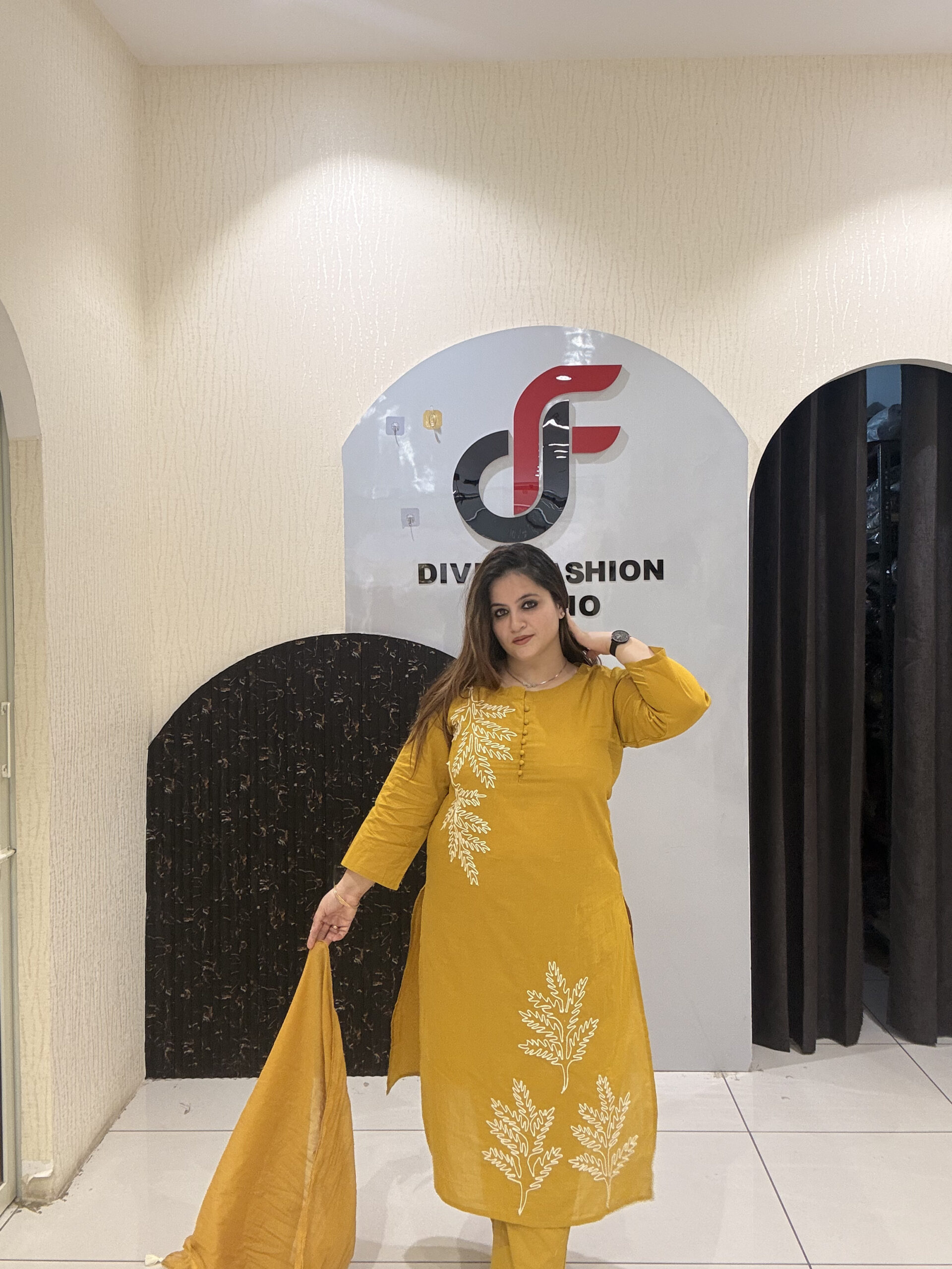 Mustard Cotton Embroidered Suit Set - Image 3
