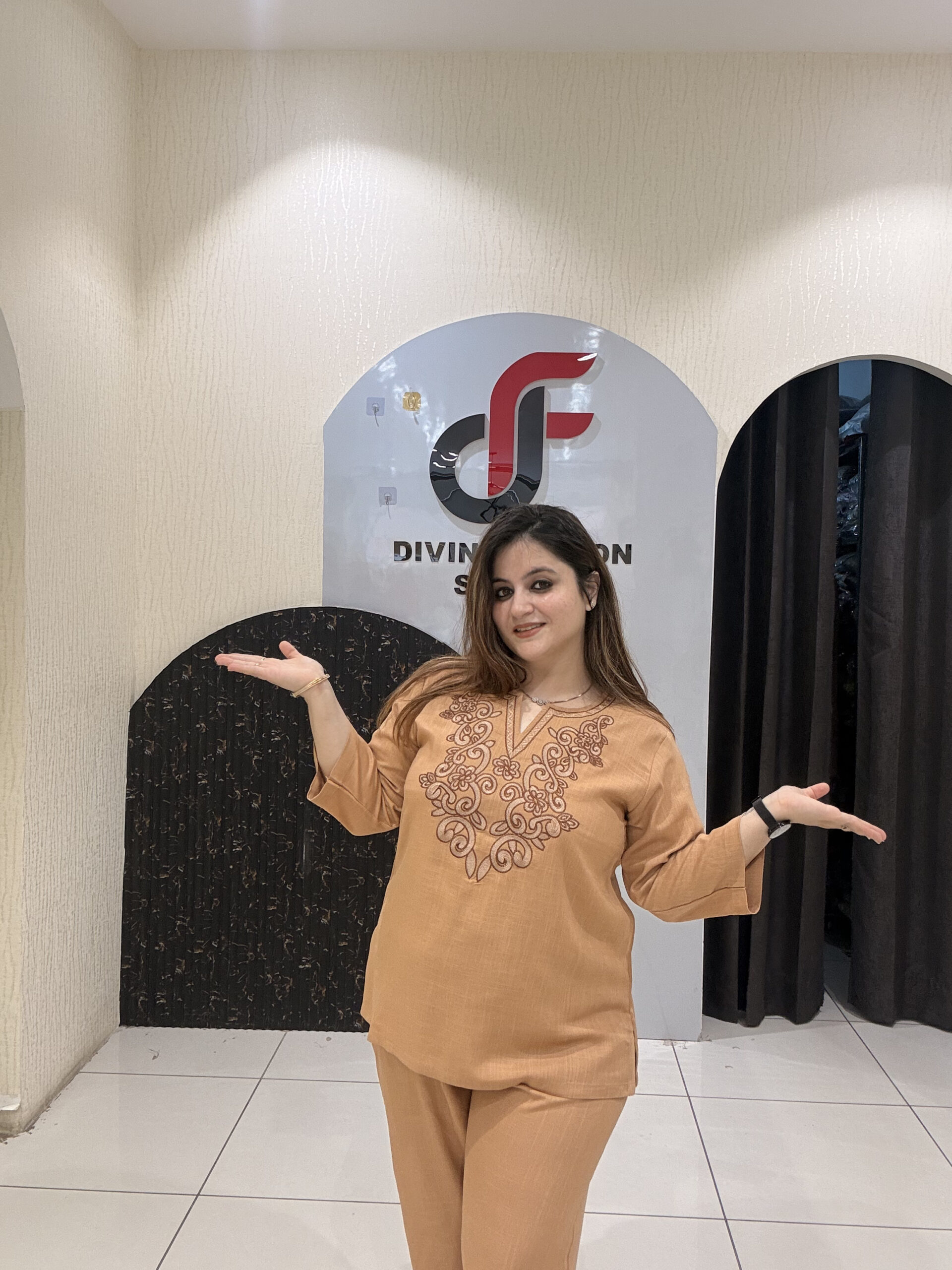 Tan Cotton Embroidered Coord Set