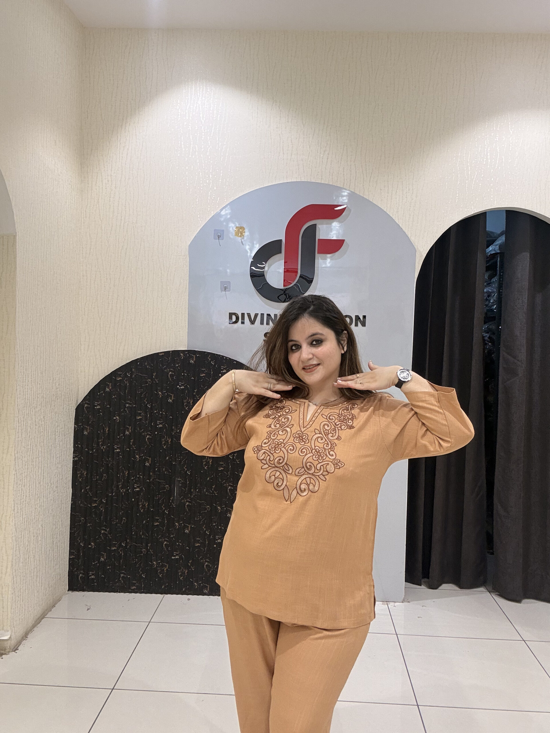 Tan Cotton Embroidered Coord Set - Image 3