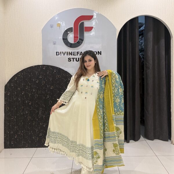 Cream Cotton Embroidered Anarkali Suit Set