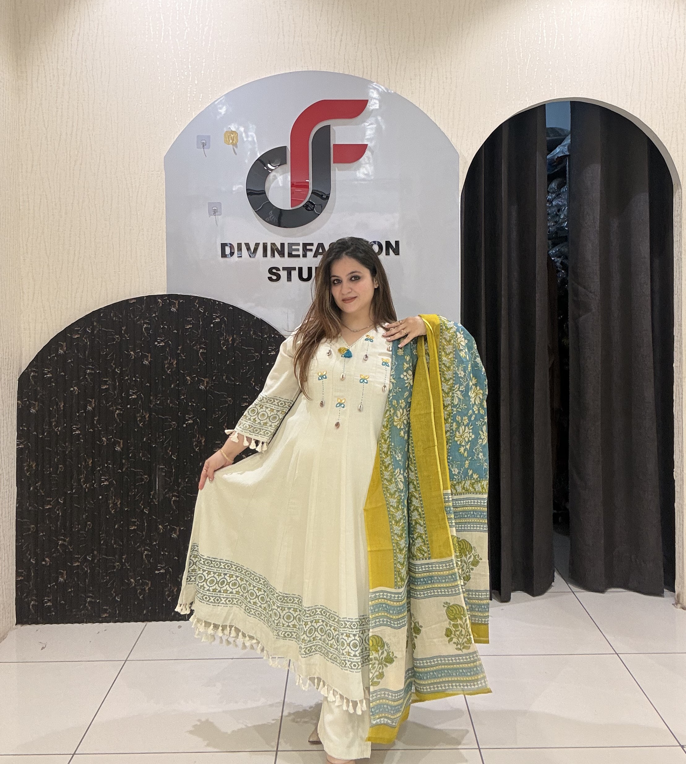 Cream Cotton Embroidered Anarkali Suit Set