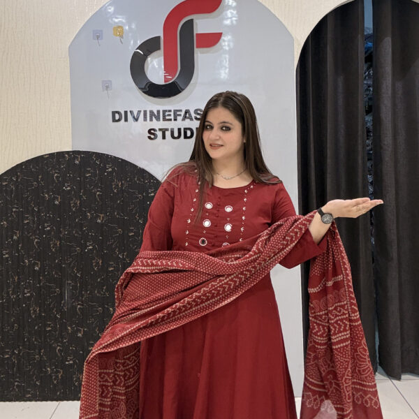 Red Pure Cotton Printed Anarkali Suit Set