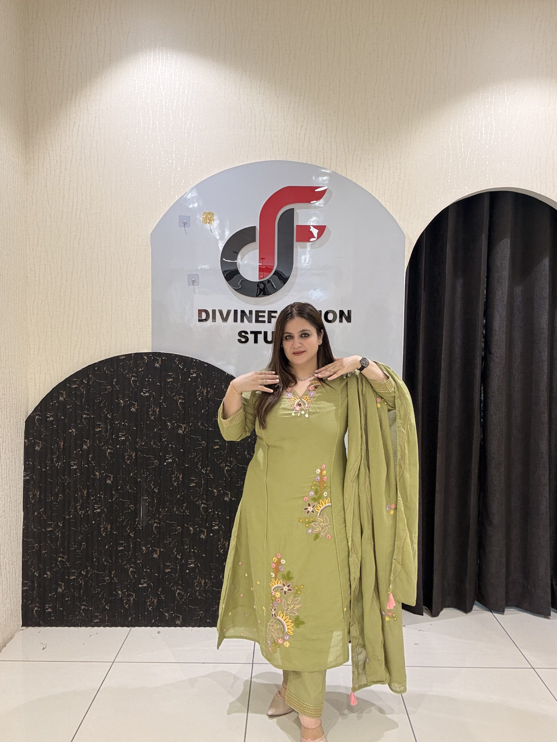 Olive Green Pure Cotton Embroidered Suit Set - Image 3