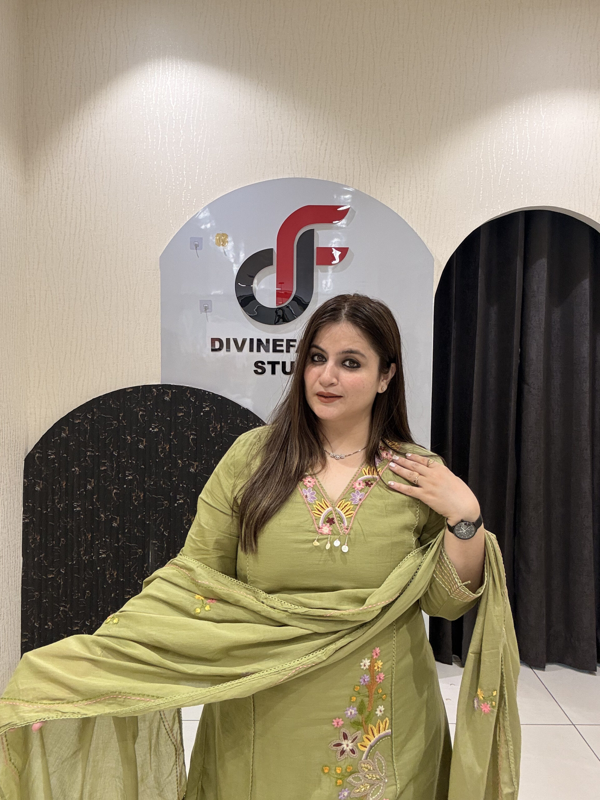 Olive Green Pure Cotton Embroidered Suit Set - Image 4