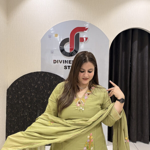 Olive Green Pure Cotton Embroidered Suit Set