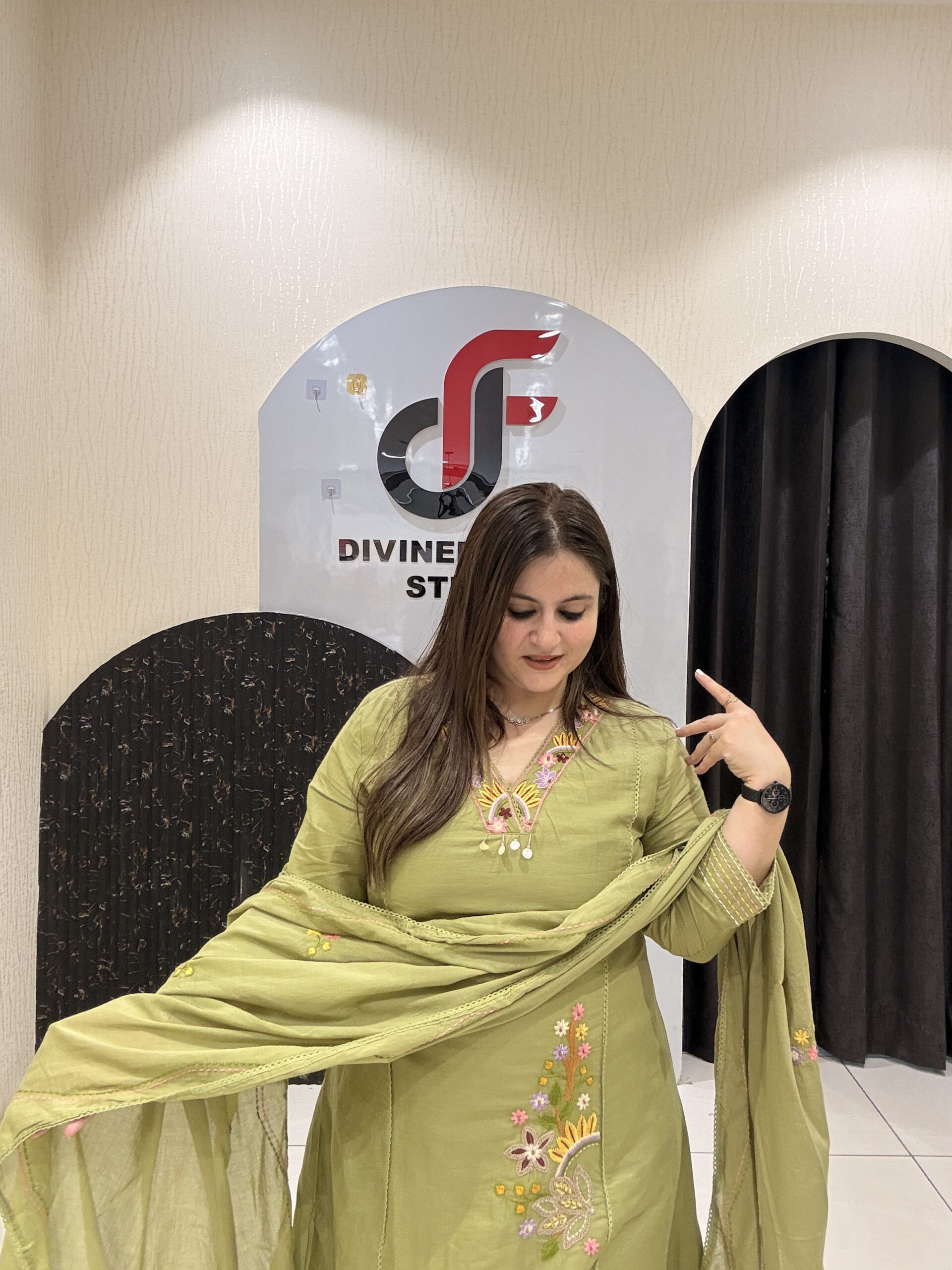 Olive Green Pure Cotton Embroidered Suit Set