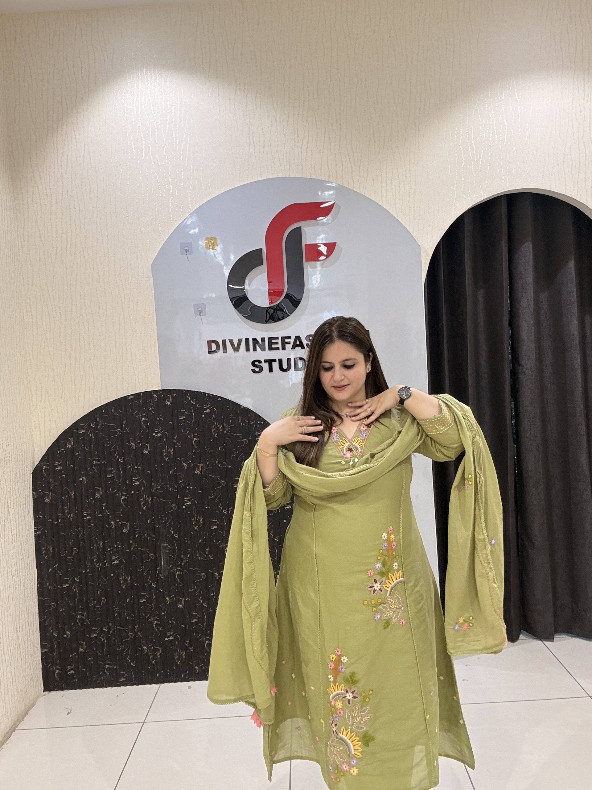 Olive Green Pure Cotton Embroidered Suit Set - Image 5