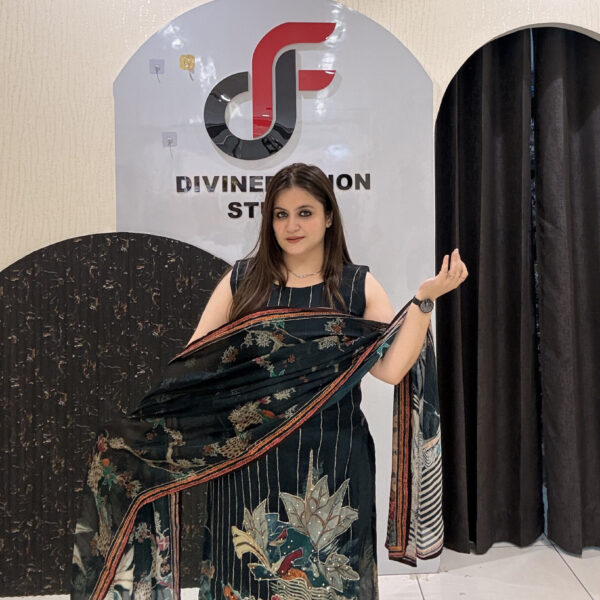 Black Chinon Fabric Printed Suit Set