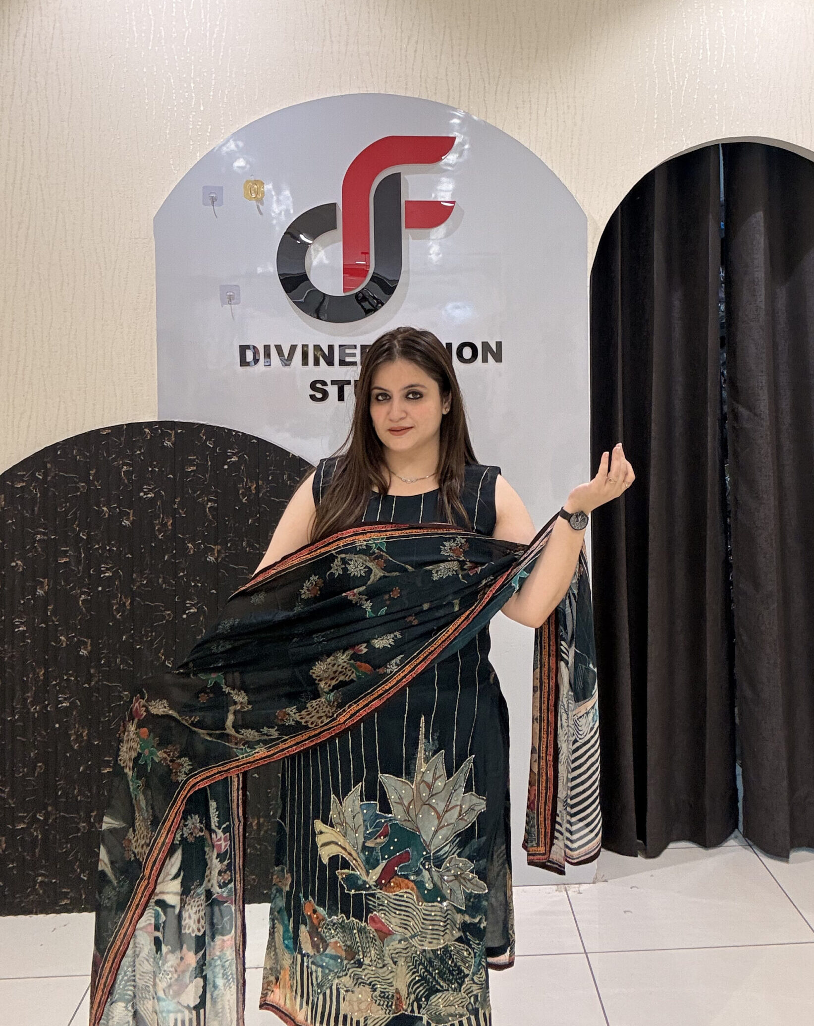 Black Chinon Fabric Printed Suit Set