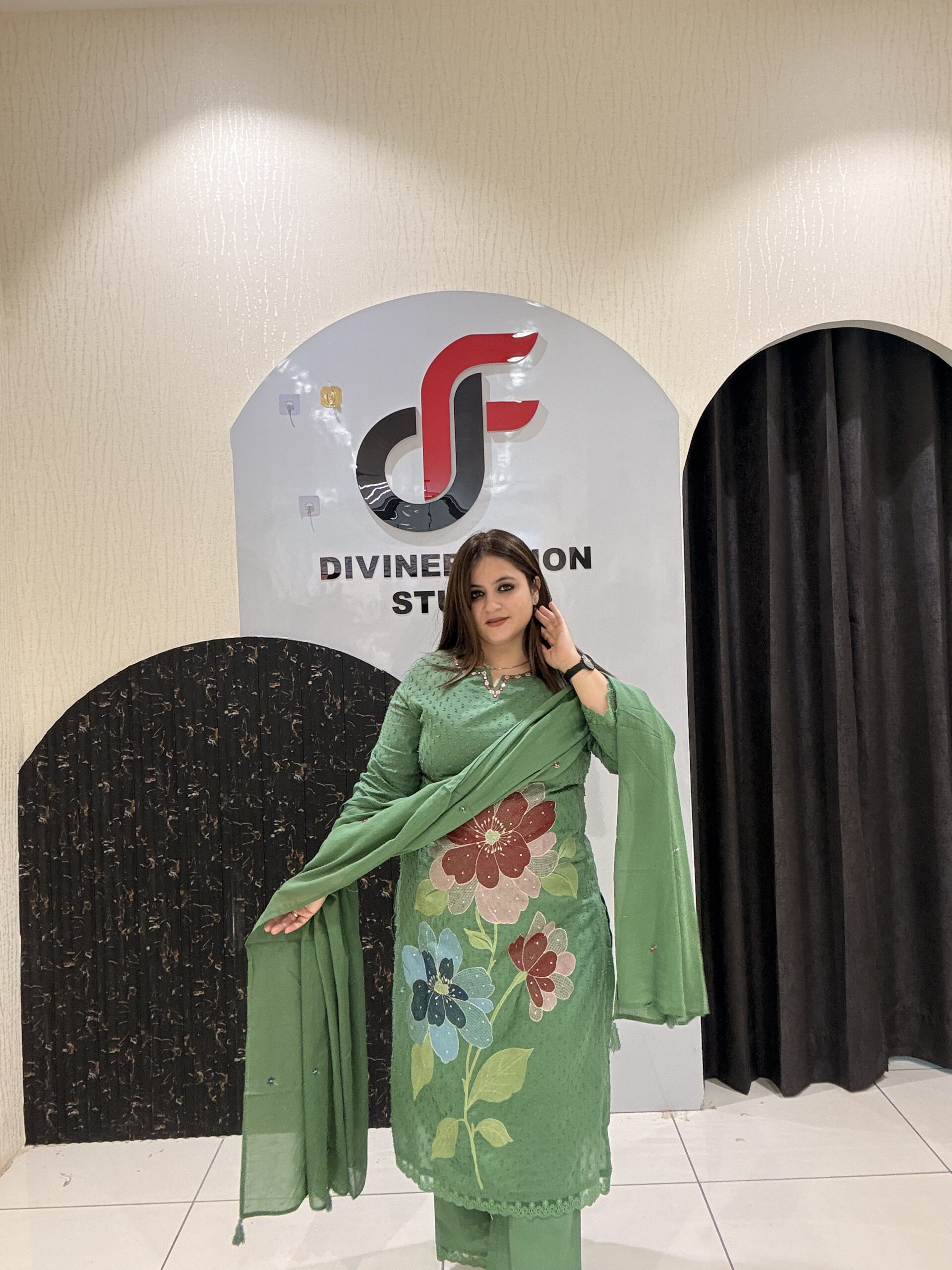 Green Pure Cotton Floral Embroidered Suit Set