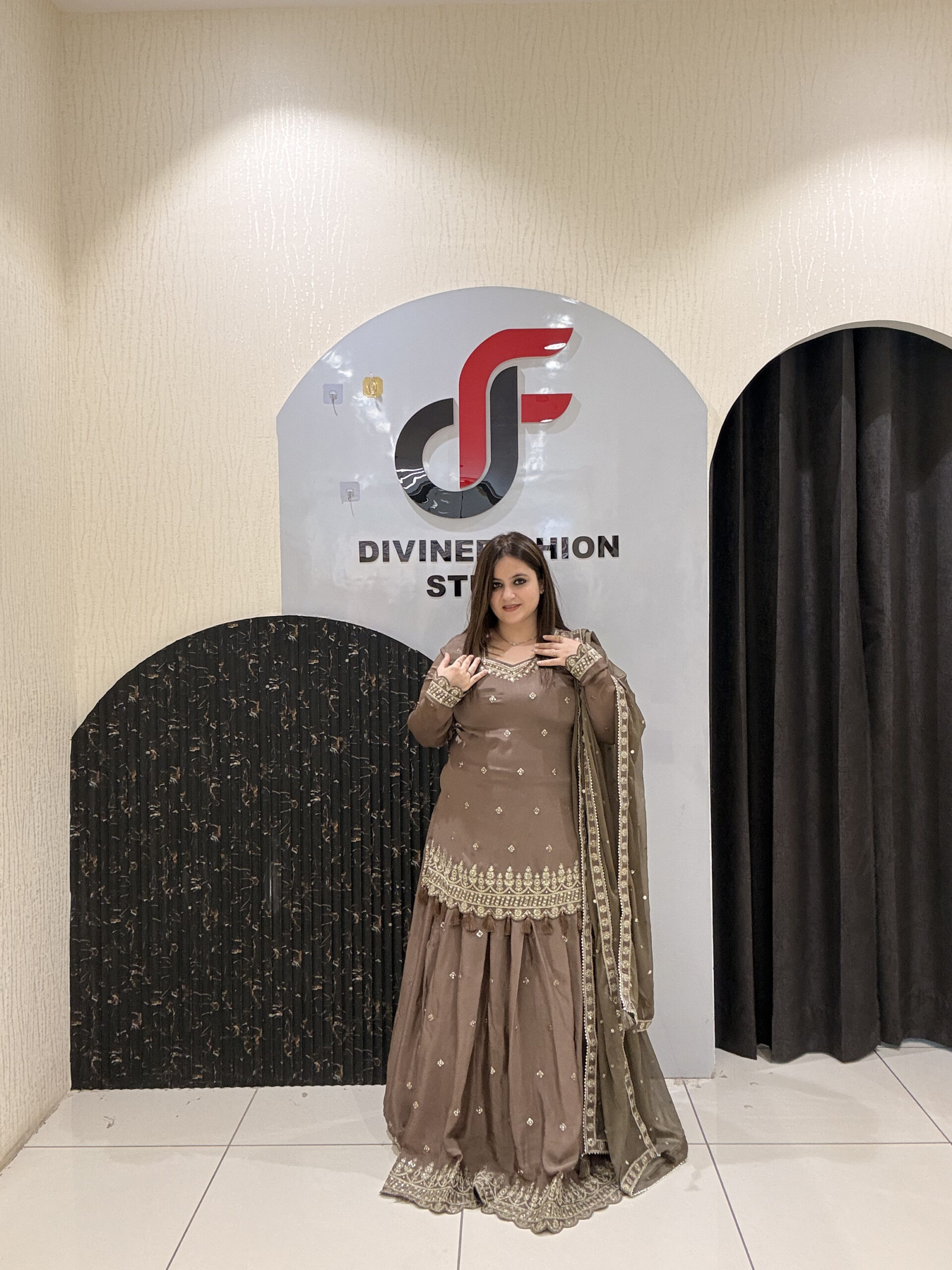 Brown Pure Chinon Embroidered Sharara Suit Set - Image 2