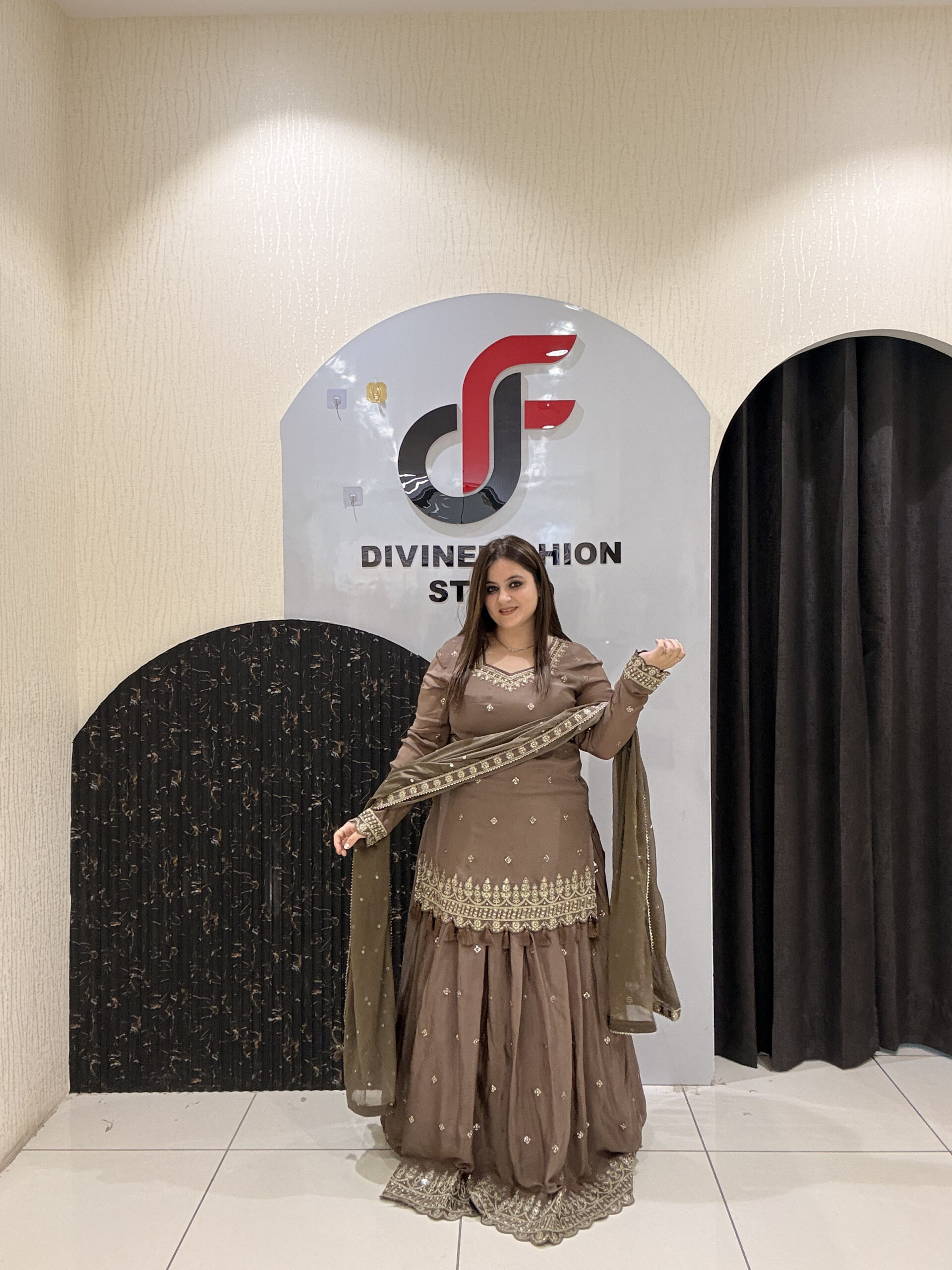 Brown Pure Chinon Embroidered Sharara Suit Set