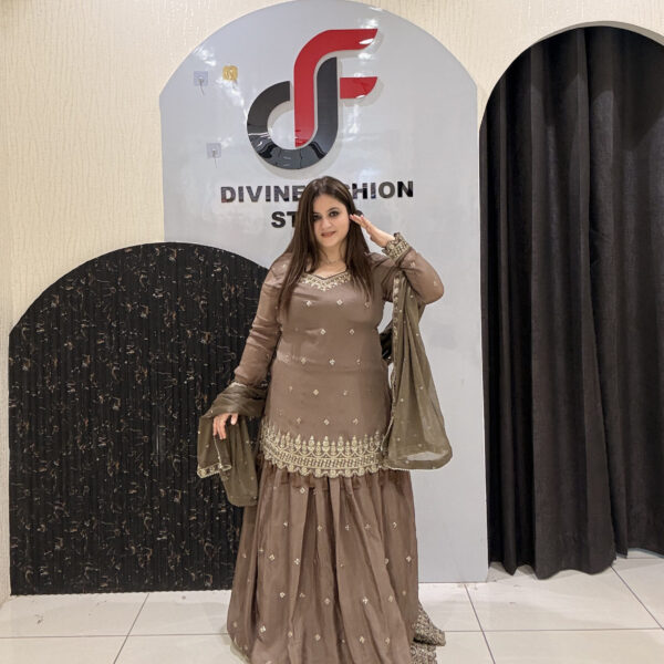 Brown Pure Chinon Embroidered Sharara Suit Set