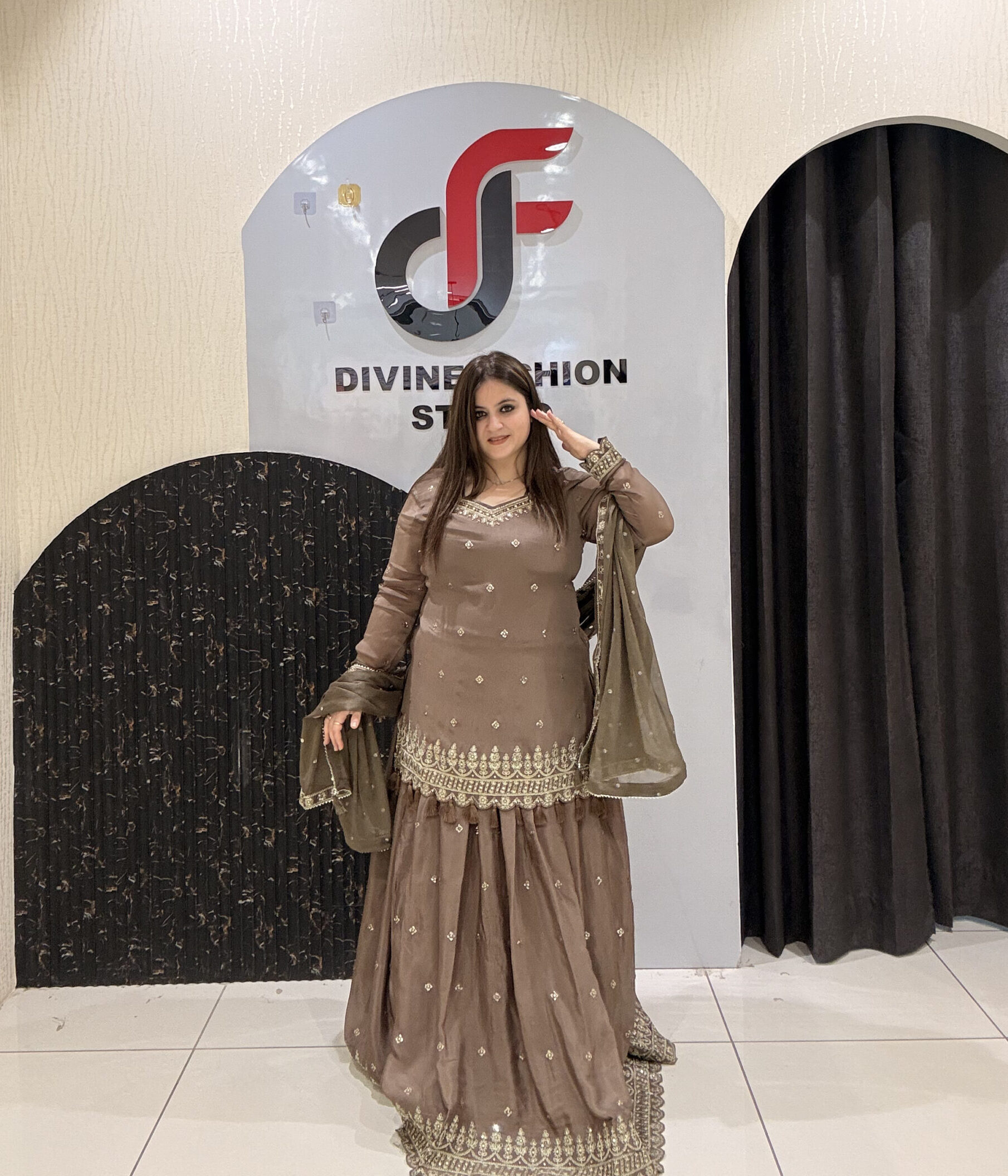 Brown Pure Chinon Embroidered Sharara Suit Set