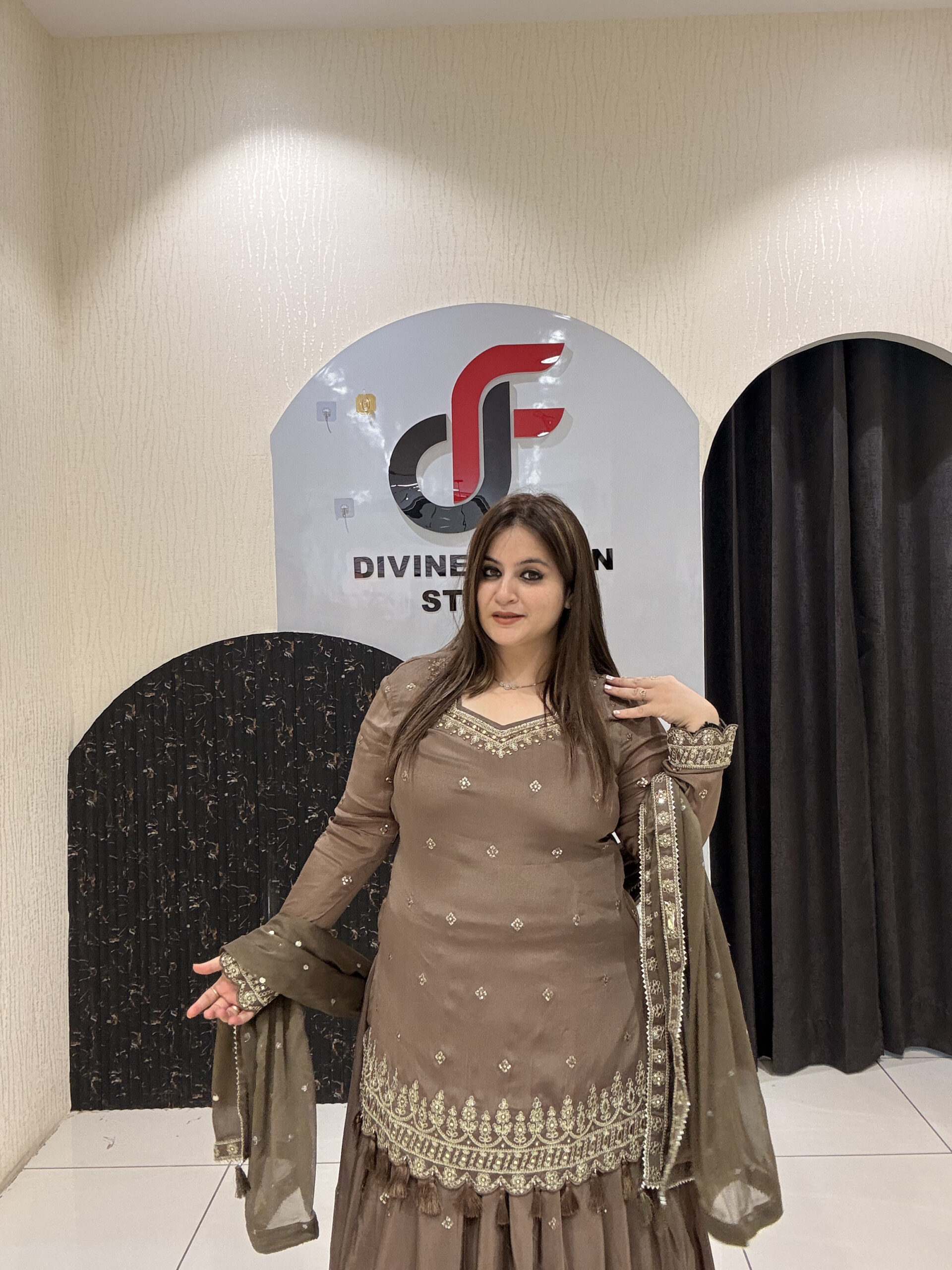 Brown Pure Chinon Embroidered Sharara Suit Set - Image 3